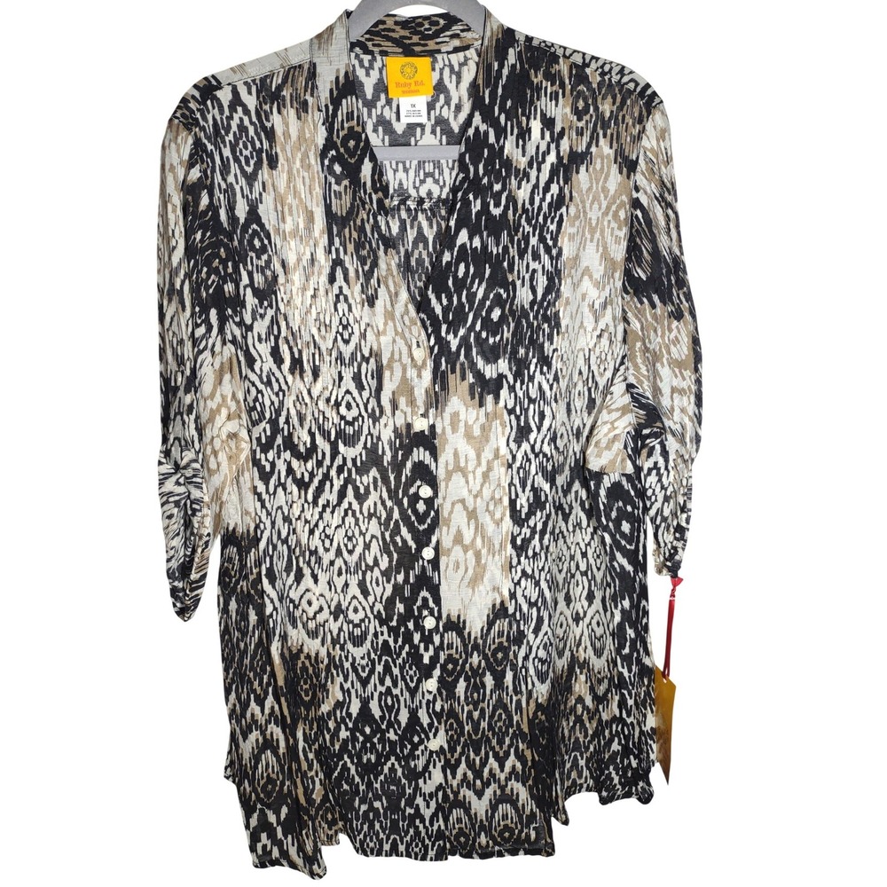 Ruby Rd Woman 1X Button Up Shirt Tunic Roll‎ Tab Sleeve Black Tan New
